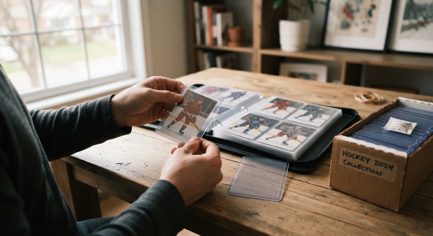 Une personne glisse une carte de hockey dans une pochette douce, près d'un classeur et d'un étui rigide.
