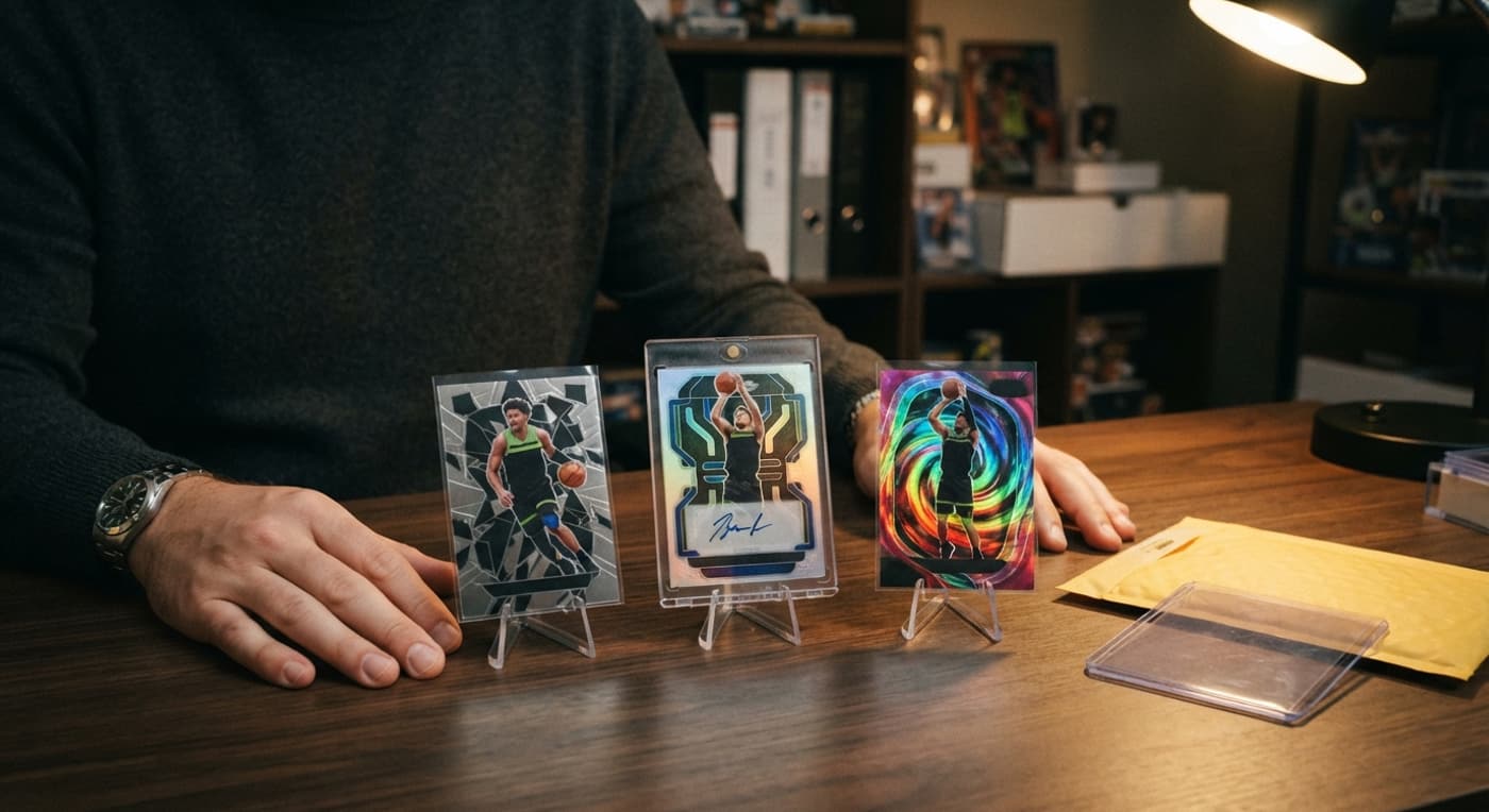 Trois cartes de basket de collection sélectionnées à l'unité et exposées sur des supports.