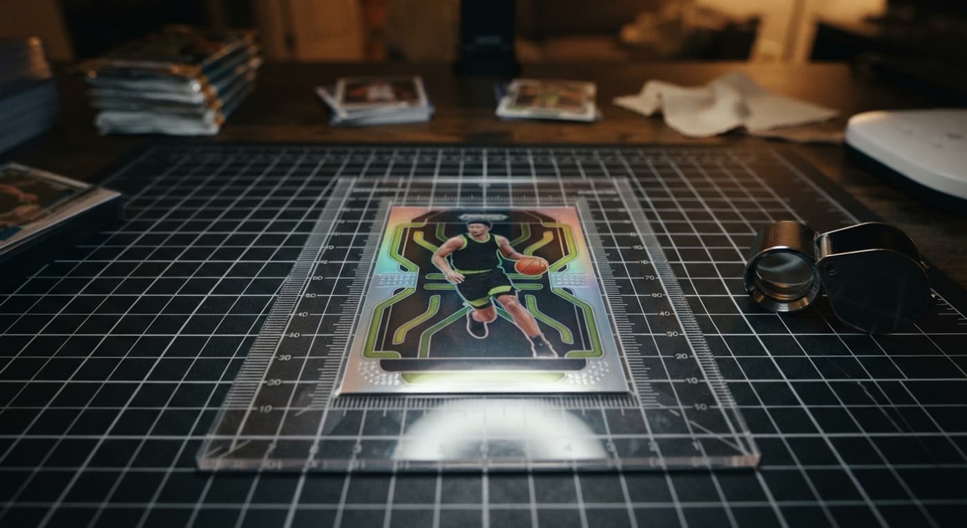 Outil de mesure de centrage transparent posé sur une carte de basketball pour vérifier ses bordures.