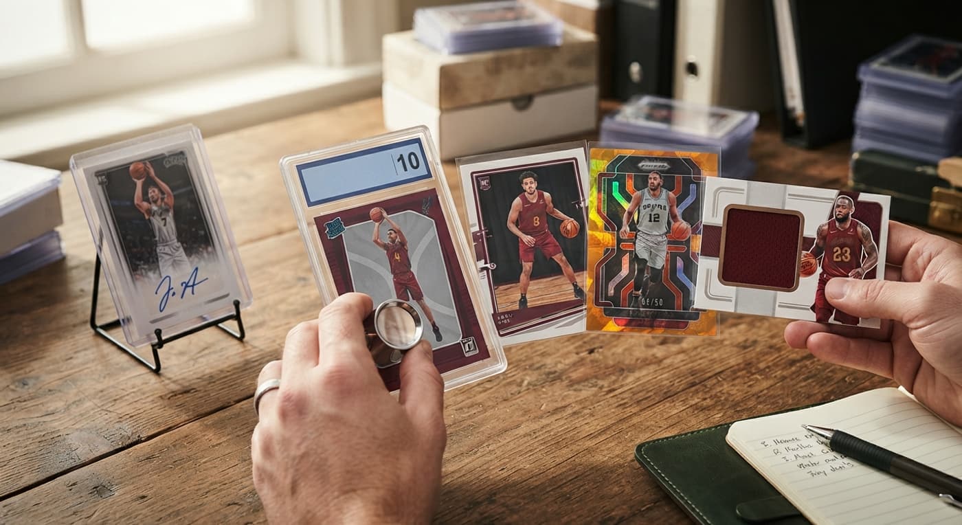 Plusieurs cartes de basket comparées à la loupe : base, parallèle numéroté, patch de maillot et autographe.