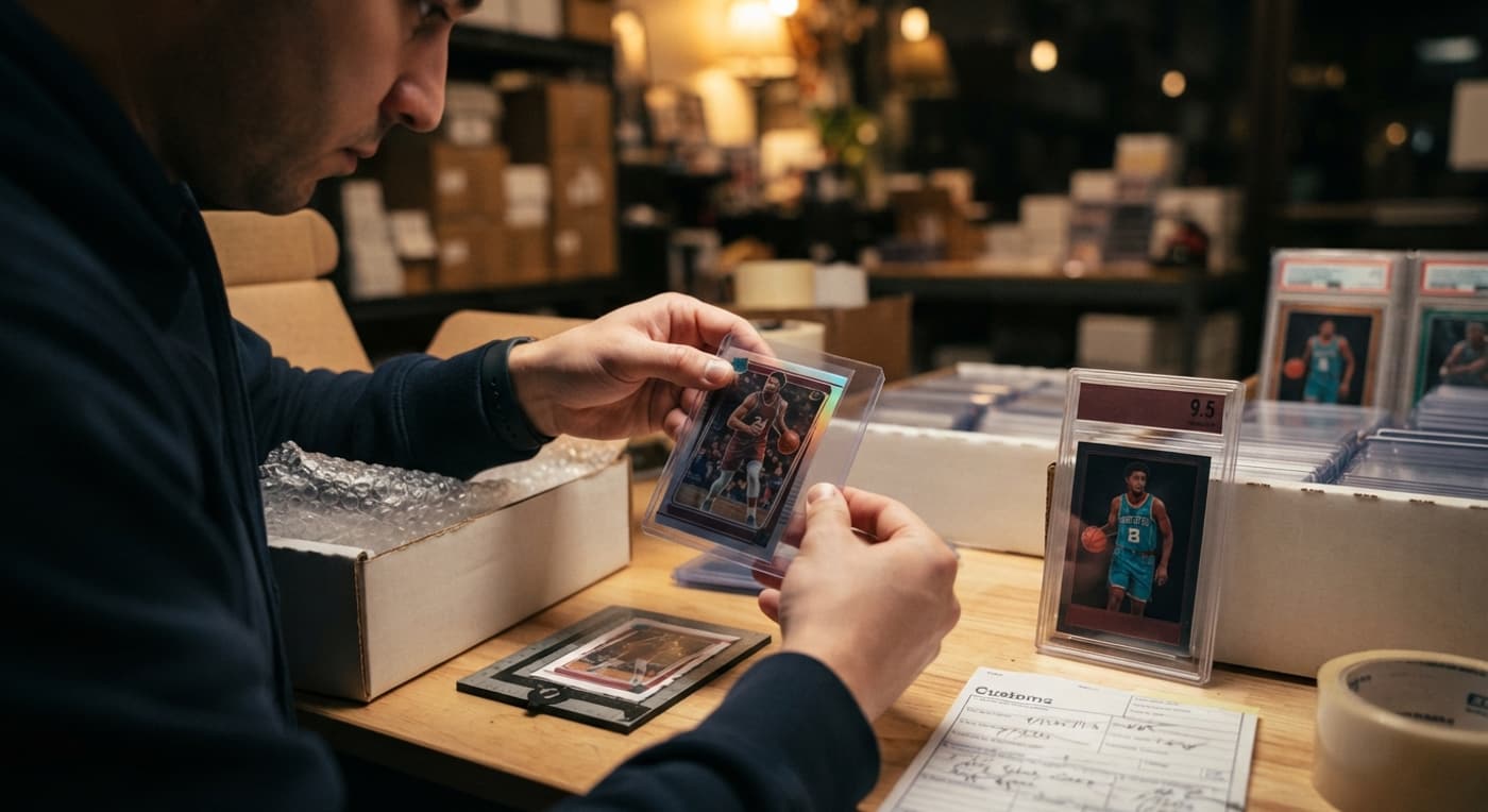 Une carte sous coque rigide, prête à être emballée dans un carton d'expédition pour être gradée.
