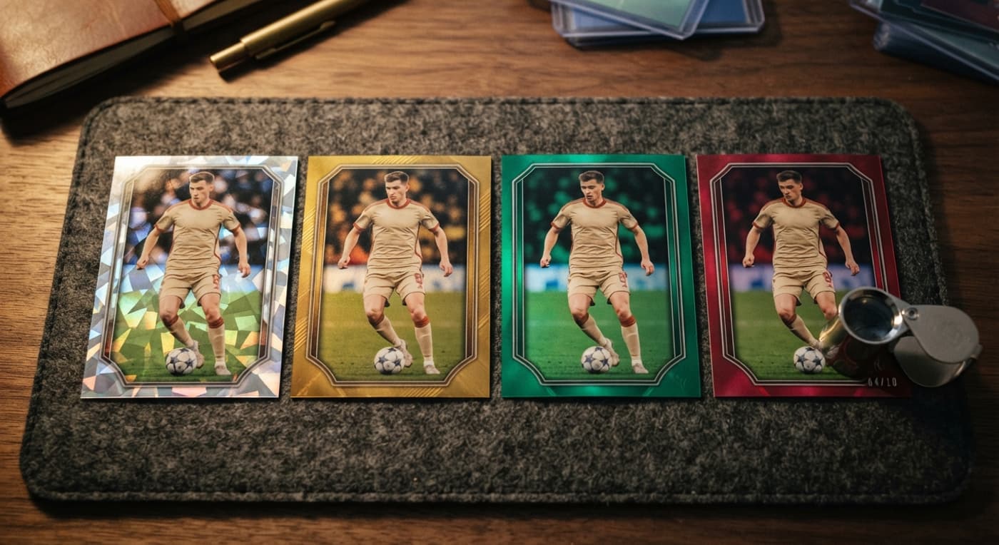 Quatre variantes de couleur d'une même carte de soccer disposées côte à côte avec une loupe.