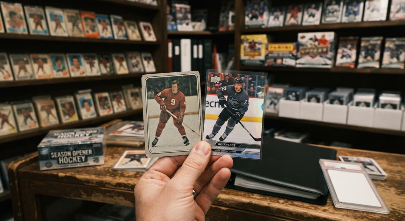 Une main compare une vieille carte de hockey au carton grisâtre et une carte récente plus nette et plus blanche.