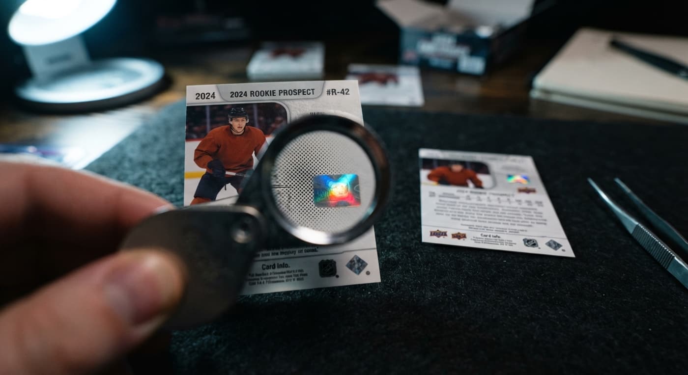 Une loupe posée sur le dos d'une carte de hockey révèle la trame d'impression et l'hologramme.