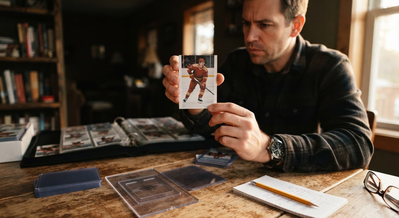 Un collectionneur tient une carte de hockey pour vérifier son centrage, avec des pochettes et un carnet de notes.