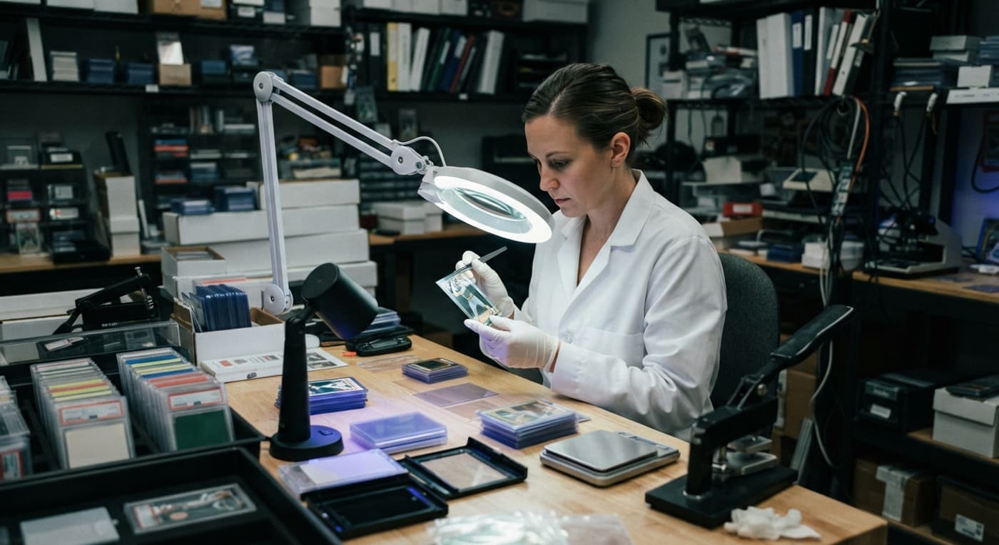 A technician examines a raw baseball card under a magnifier at a busy grading workstation.