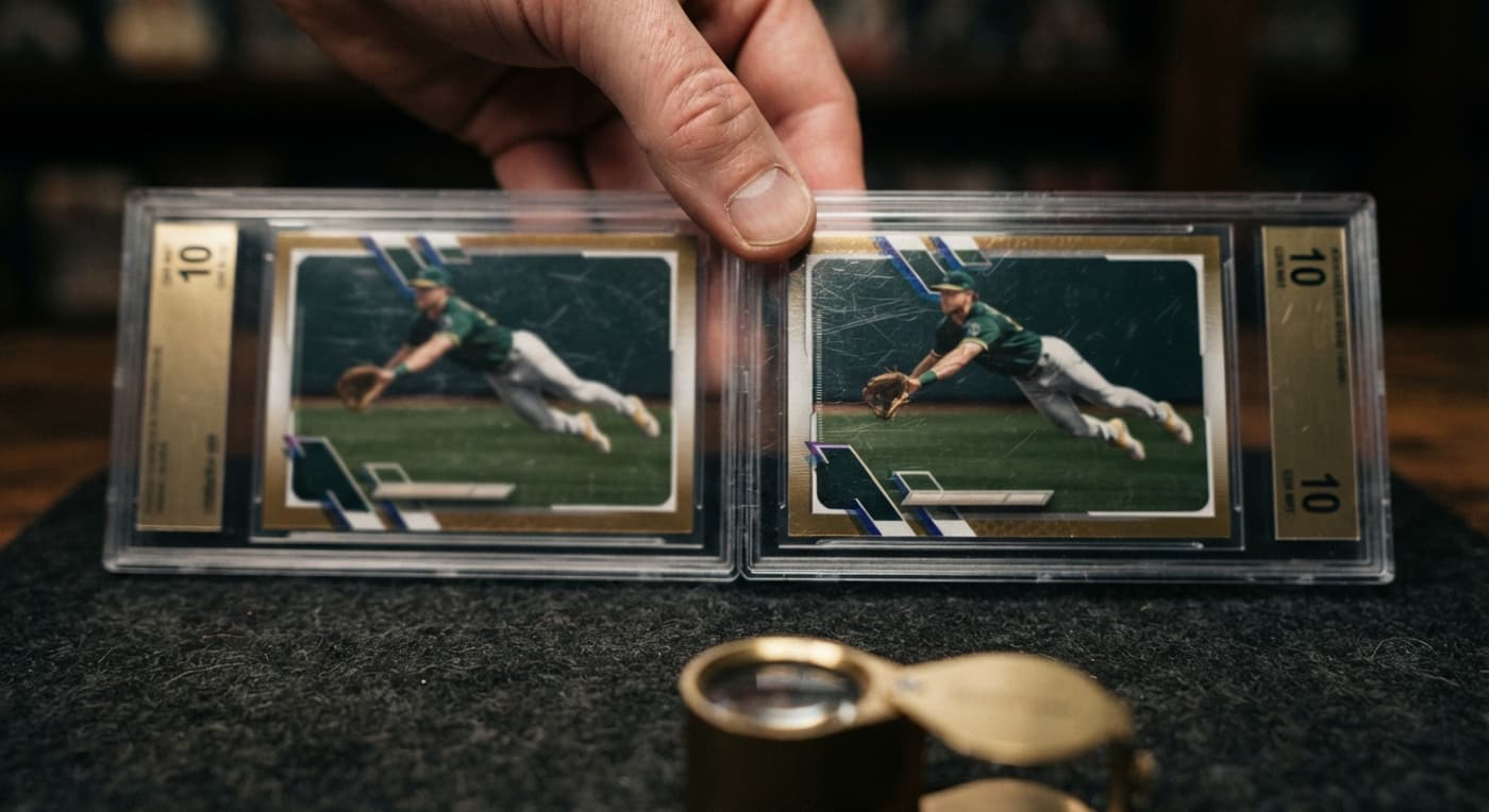 Two graded baseball cards held side by side so small corner and edge differences can be compared.