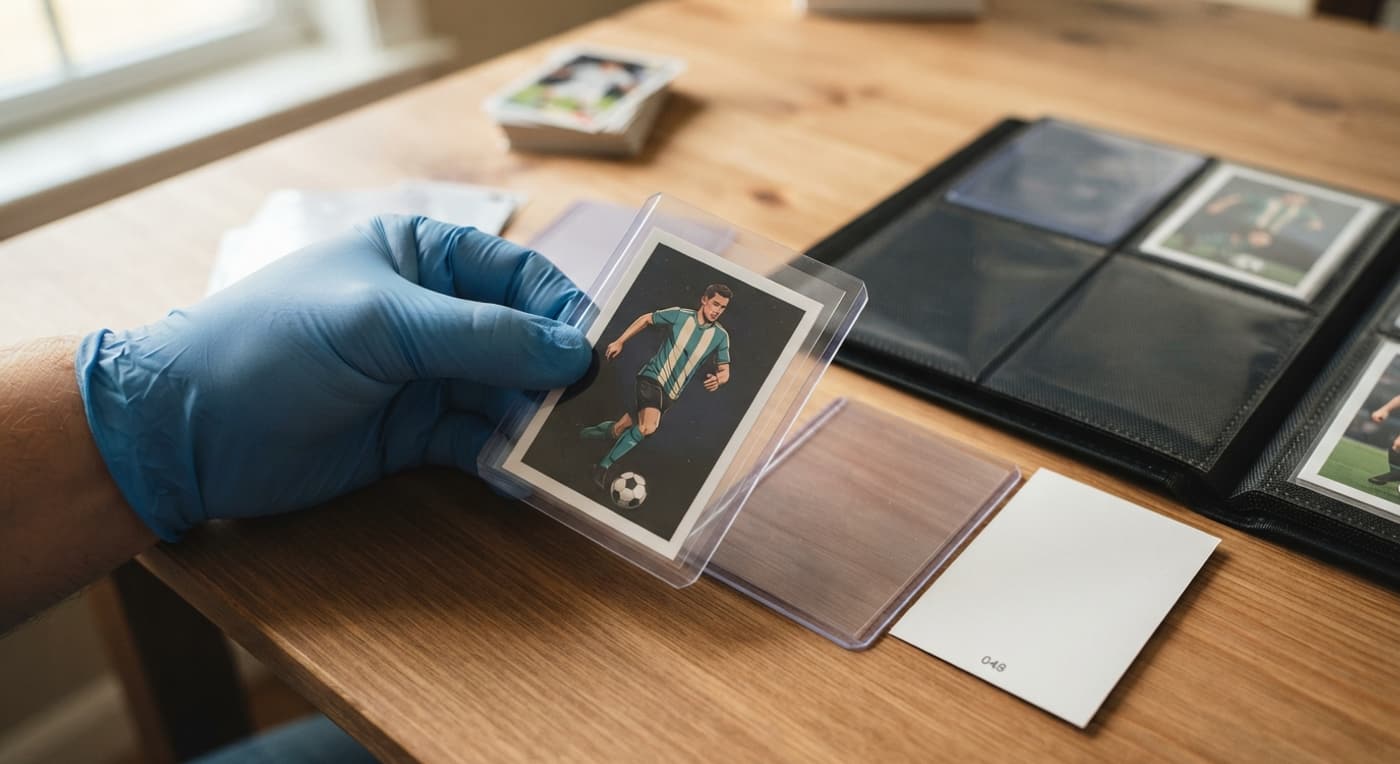 Proceso de proteger un cromo adhesivo sin despegar dentro de una funda de plástico transparente.
