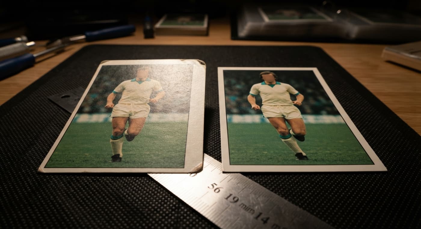 Comparación en detalle del centrado y el estado de las esquinas en dos cromos de fútbol.