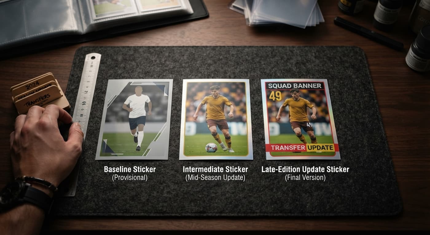 Tres cromos de fútbol alineados mostrando las distintas fases de edición y fichajes.