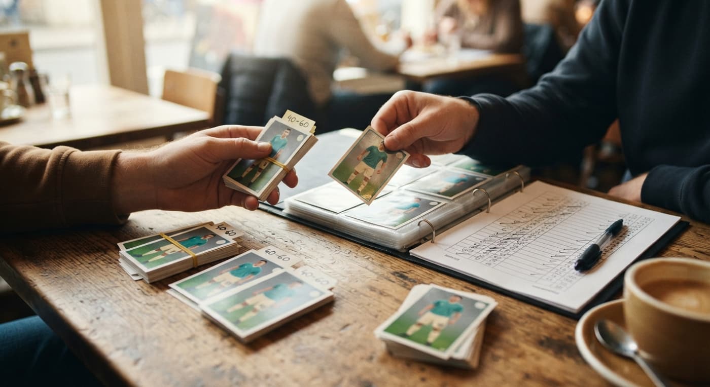 Dos personas intercambian cromos sobre una mesa con repetidos ordenados, una lista de faltas y fundas.