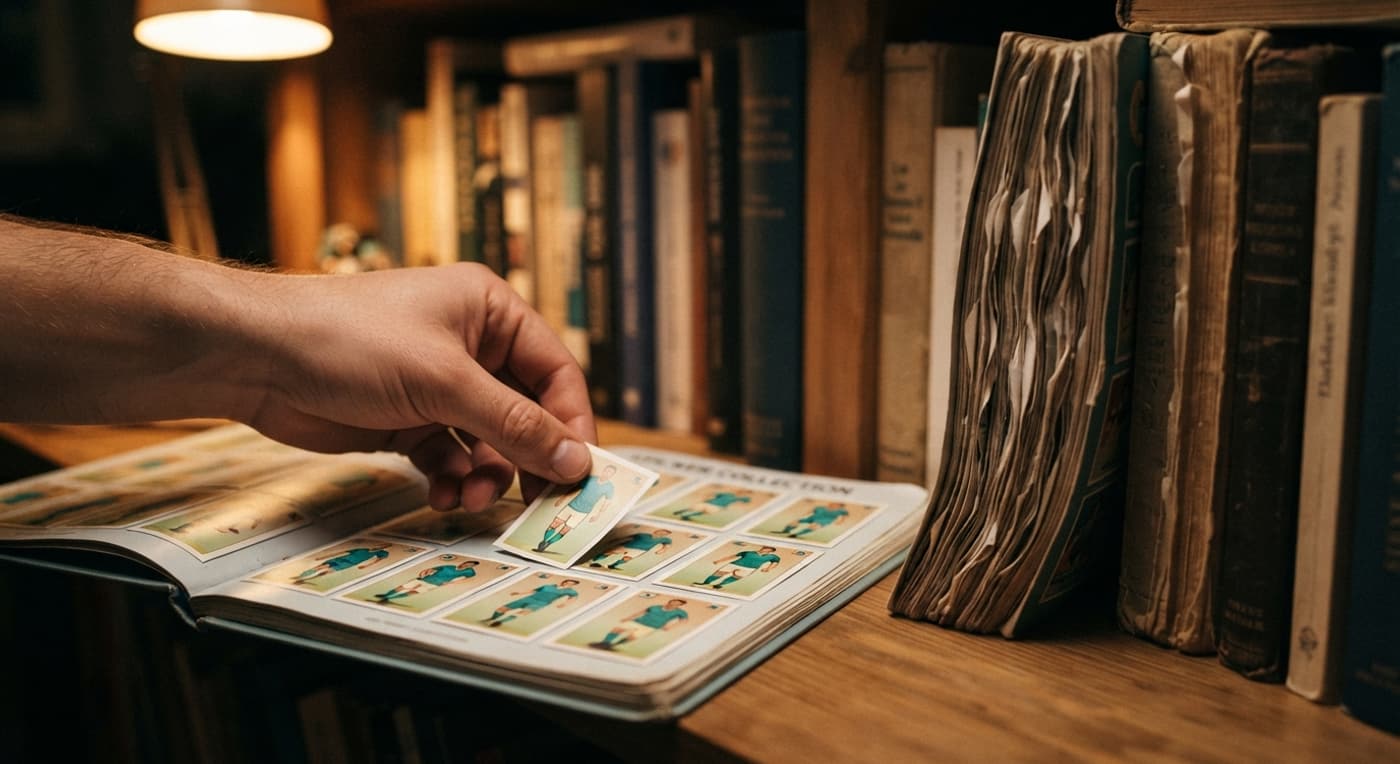 Álbum de cromos con el lomo curvado en una estantería apretada y una mano pegando un cromo torcido.