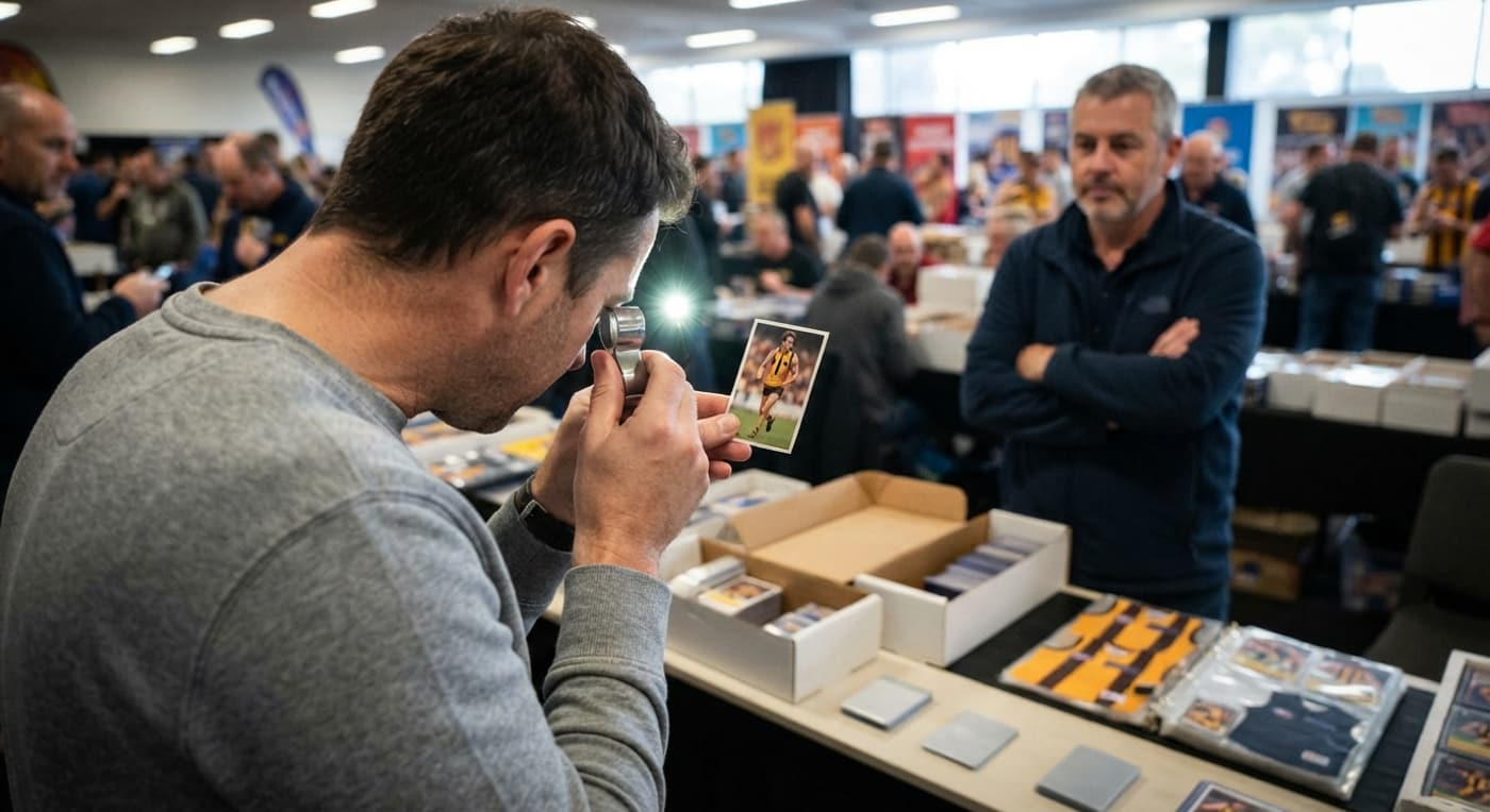 A collector checks a card's corners with a loupe at a crowded card fair table while the seller waits.