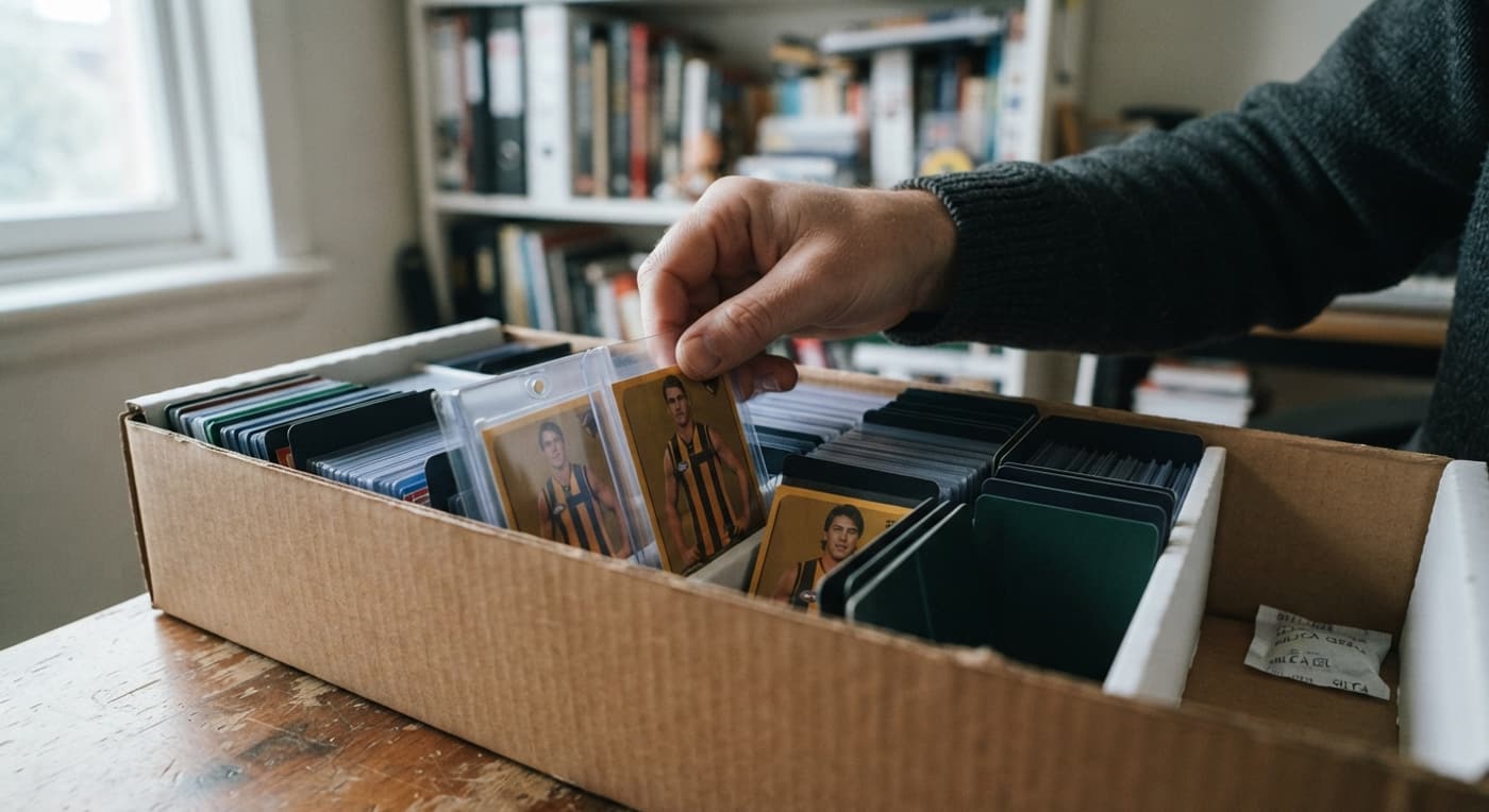 A hand slides a sleeved card into an upright storage box, with a rigid holder and dividers nearby.