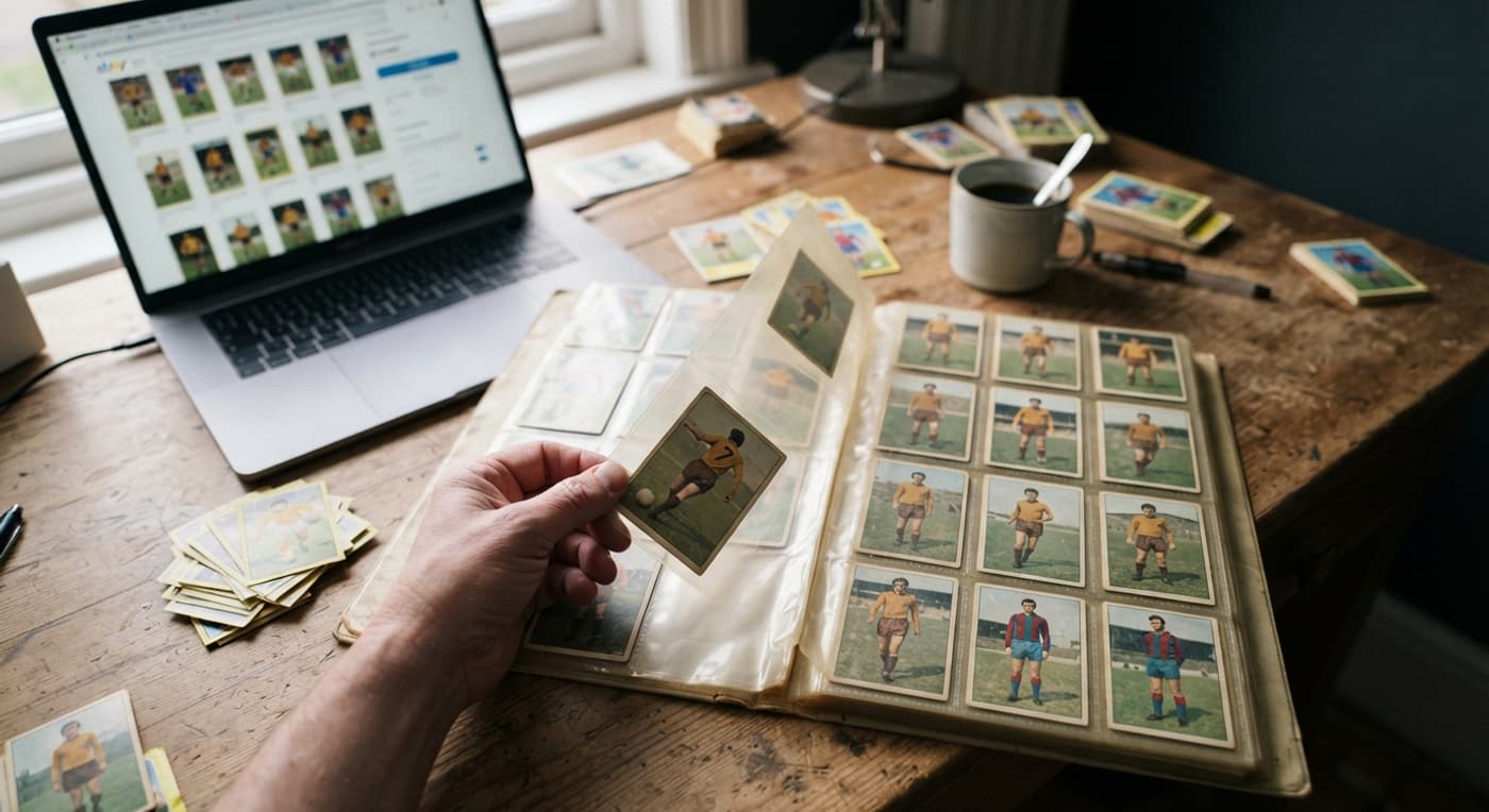 Schreibtisch mit Laptop und Album voller älterer Turnierkarten, ein Sammler blättert eine Seite um.