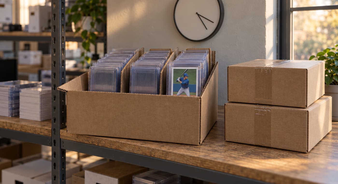 Protected baseball cards and plain shipping boxes wait on a shelf beneath a wall clock.