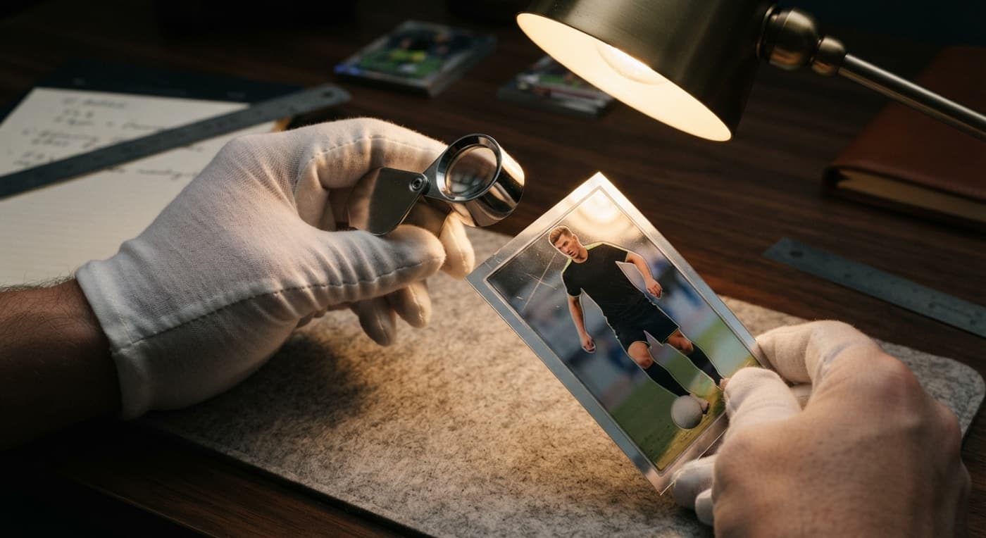 Eine Lupe und schräges Licht zeigen Kratzer und Ecken einer glänzenden Fußballkarte.