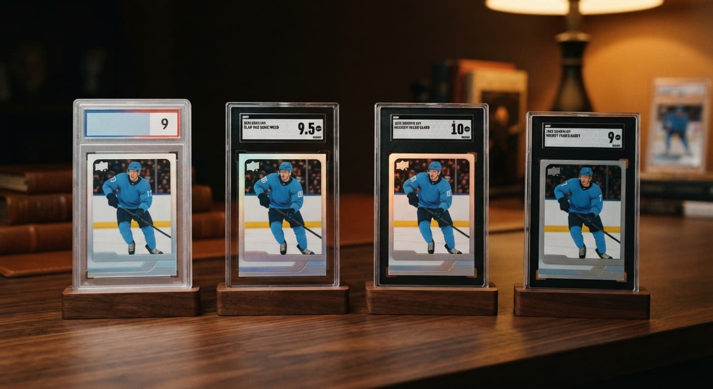 Four graded hockey card slabs in different styles displayed upright on a wooden table.