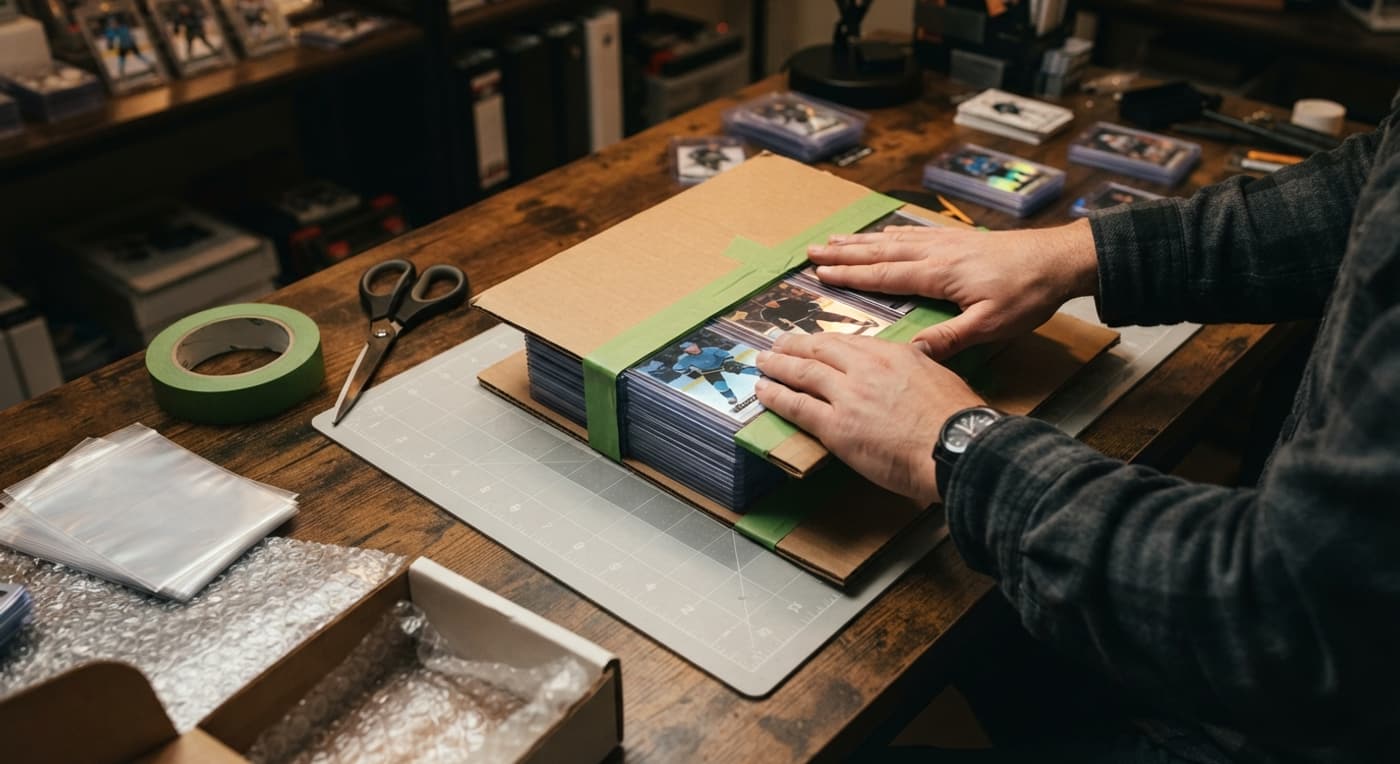 Hockey cards in semi-rigid holders sandwiched between cardboard with packing supplies on a cutting mat.