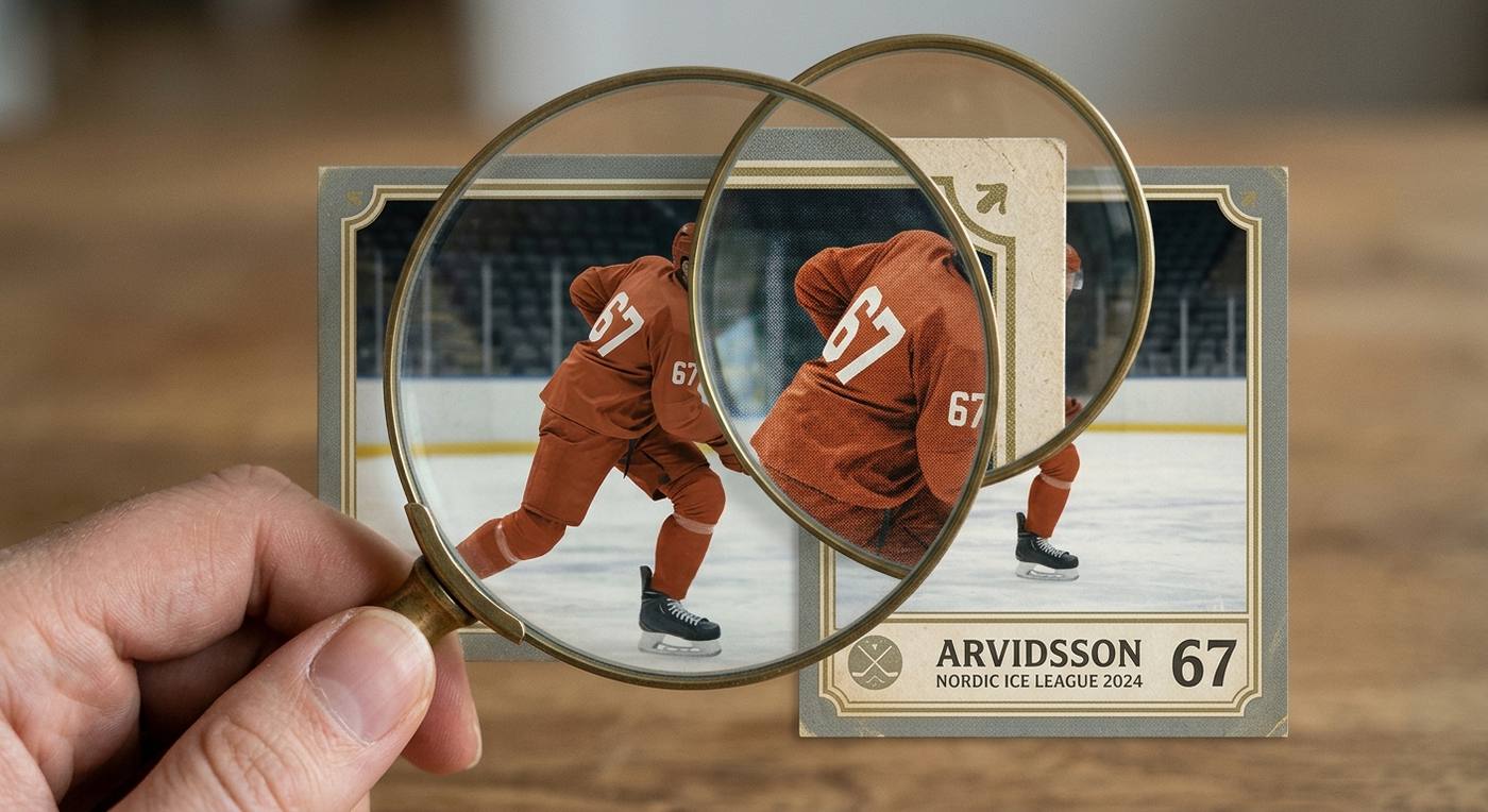Förstoringsglas över hörnet på ett hockeykort