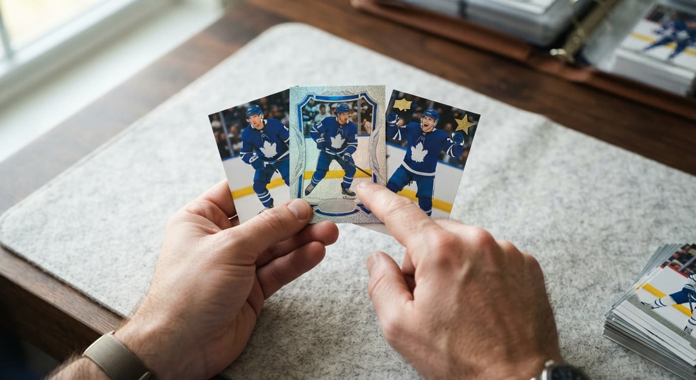 Tre hockeykort jämförs i handen: ett baskort, ett insertkort med metallram och ett rookiekort.