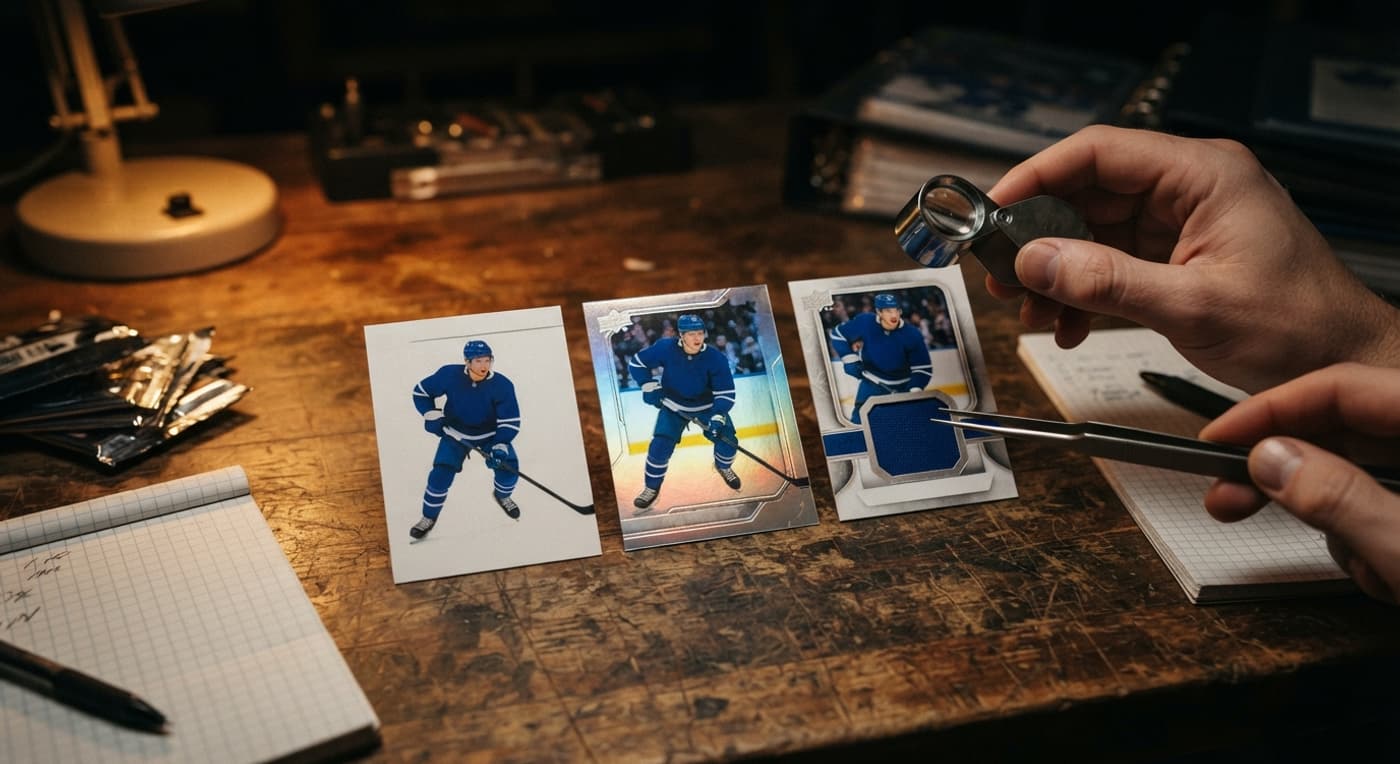 Tre hockeykort av olika typer jämförs med förstoringsglas och pincett på en träbänk.