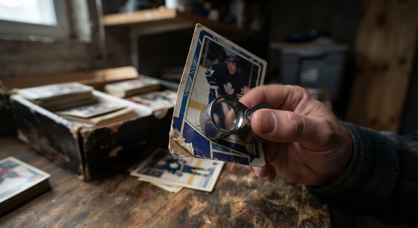 Närbild på ett hockeykorts slitna hörn sedd genom ett förstoringsglas, med en kartong kort i bakgrunden.