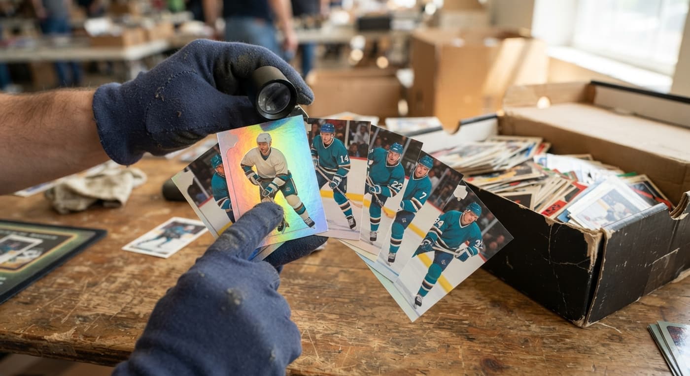 Hand pekar på ett glansigt foliekort bland flera hockeykort från 90-talet