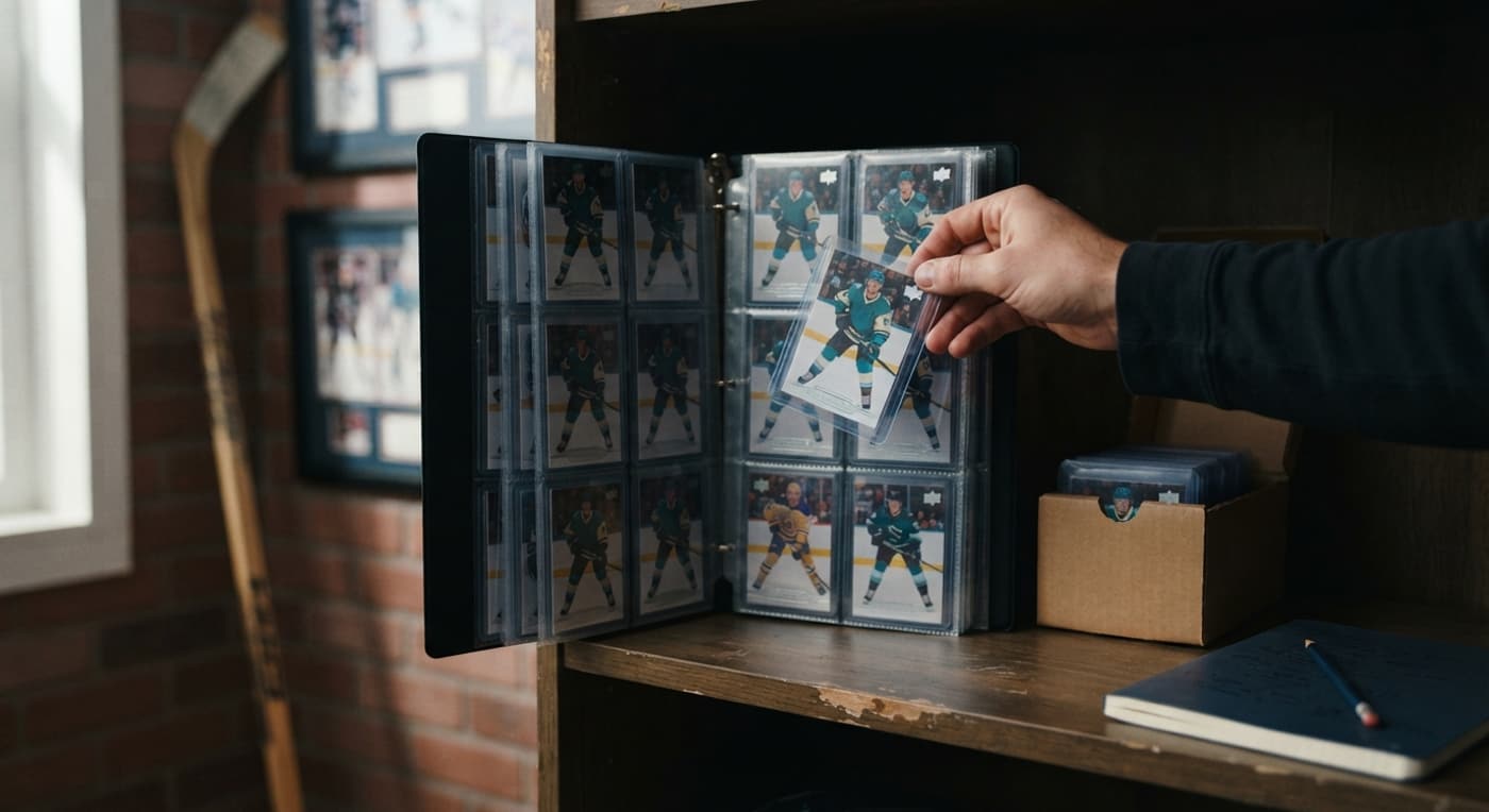 Hockeykort i pärm och toploader förvaras prydligt på en hylla