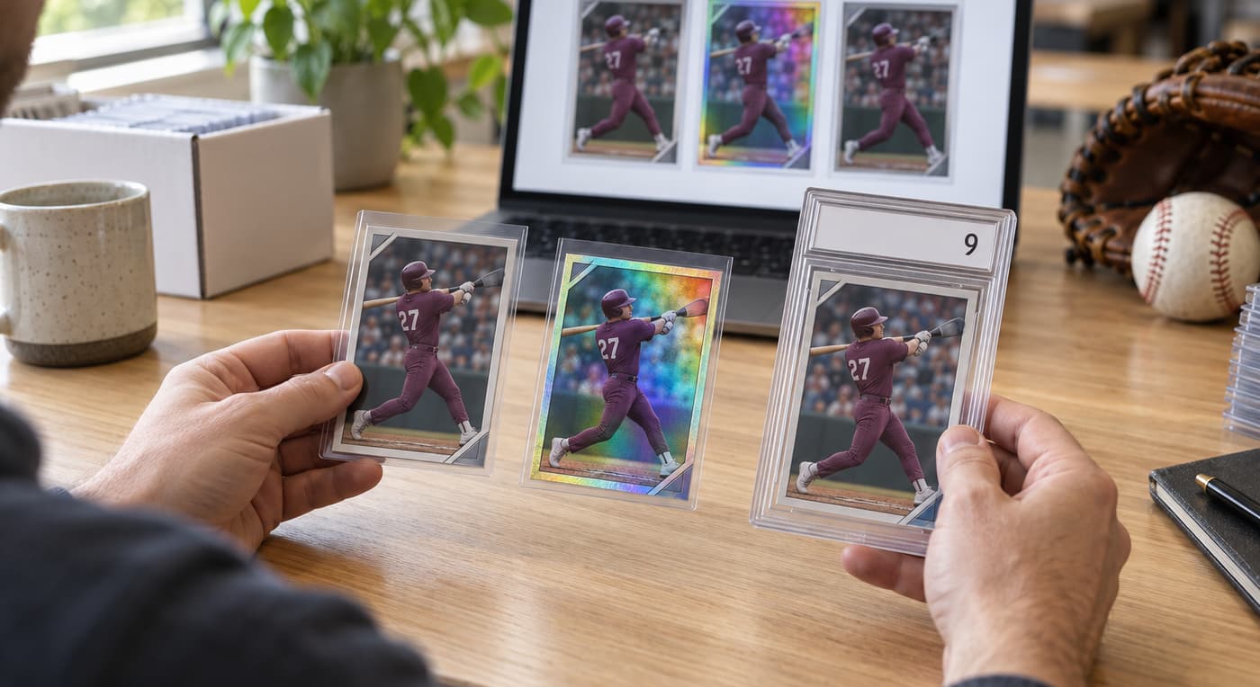 A collector compares base, foil and graded baseball cards beside matching images on a laptop.