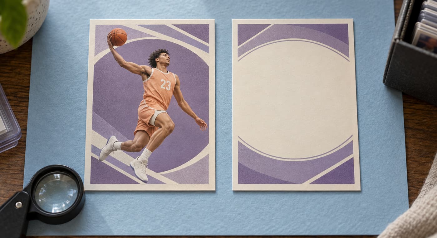 Front and back basketball cards lie beside a magnifying loupe on a blue mat.