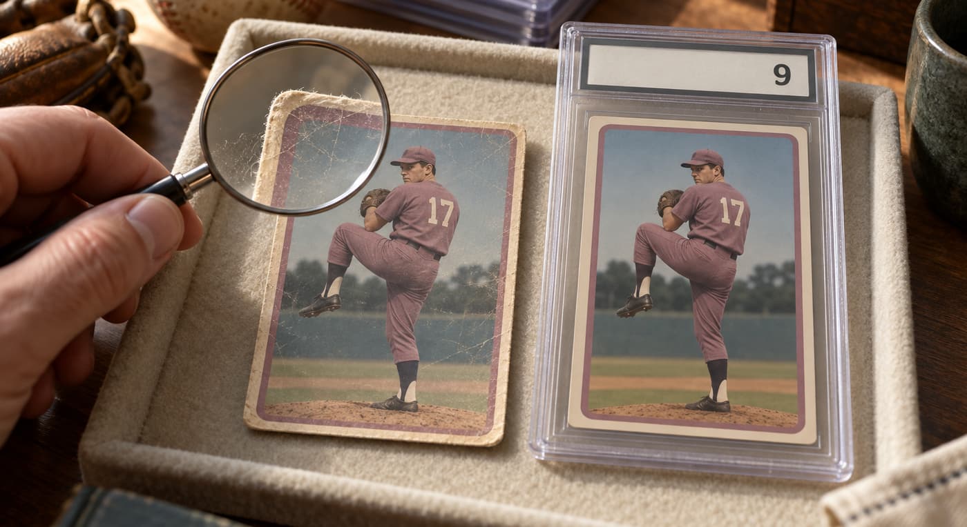 A collector examines a worn baseball card beside a matching card in a grading slab.