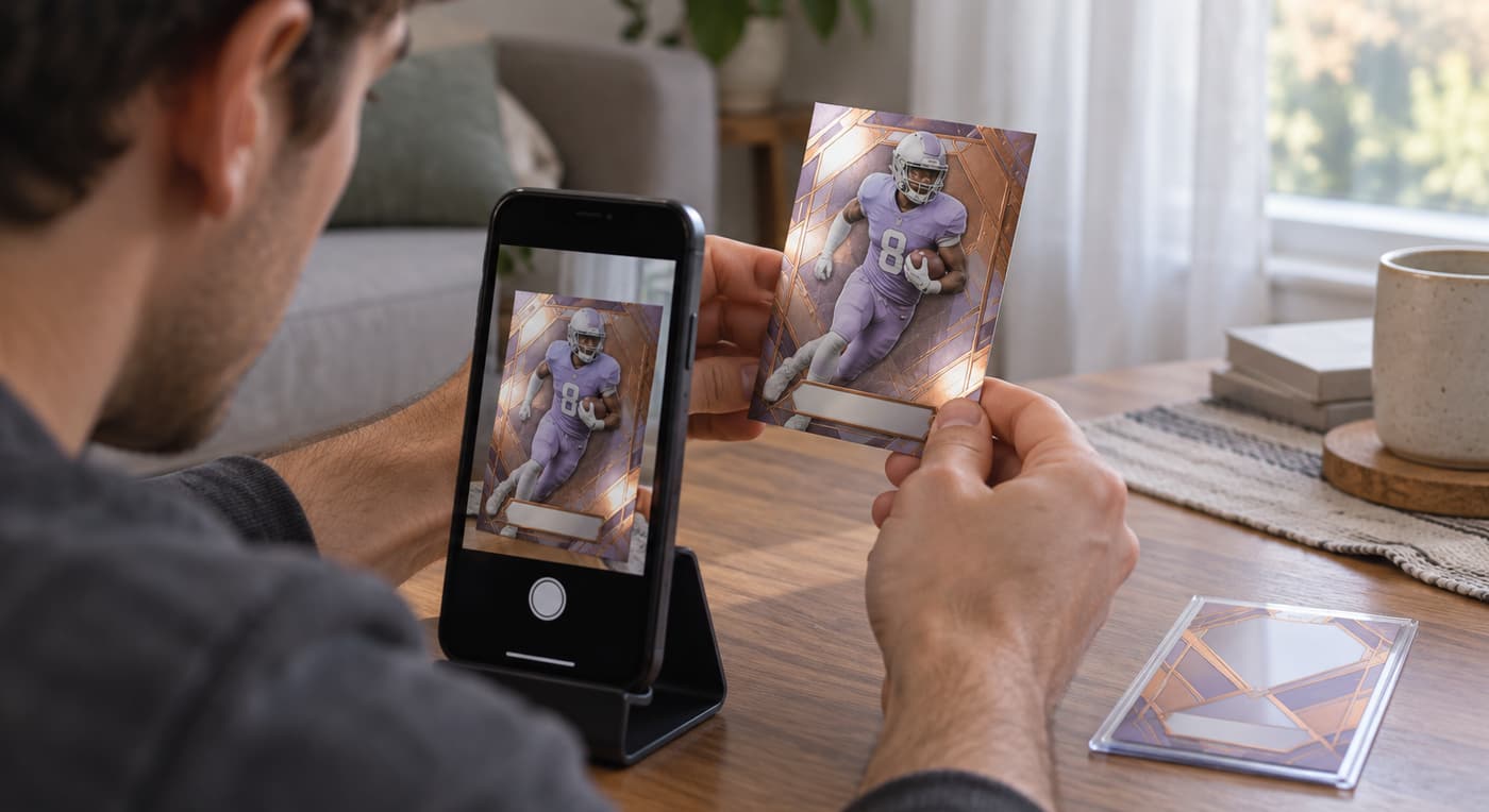 A collector tilts a reflective football card for a smartphone photo near a window.
