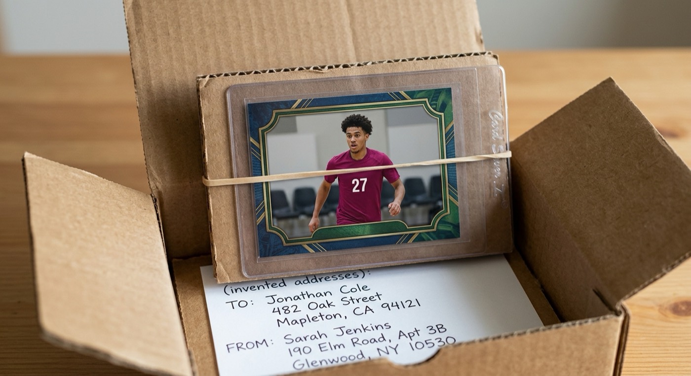 an open shipping box showing a card in a card saver between two cardboard stiffeners, with a correctly filled 