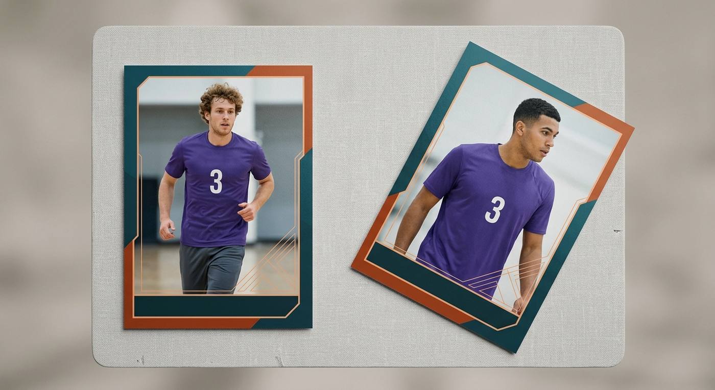 two trading cards laid side by side on a plain mat, one straight and one visibly off centre