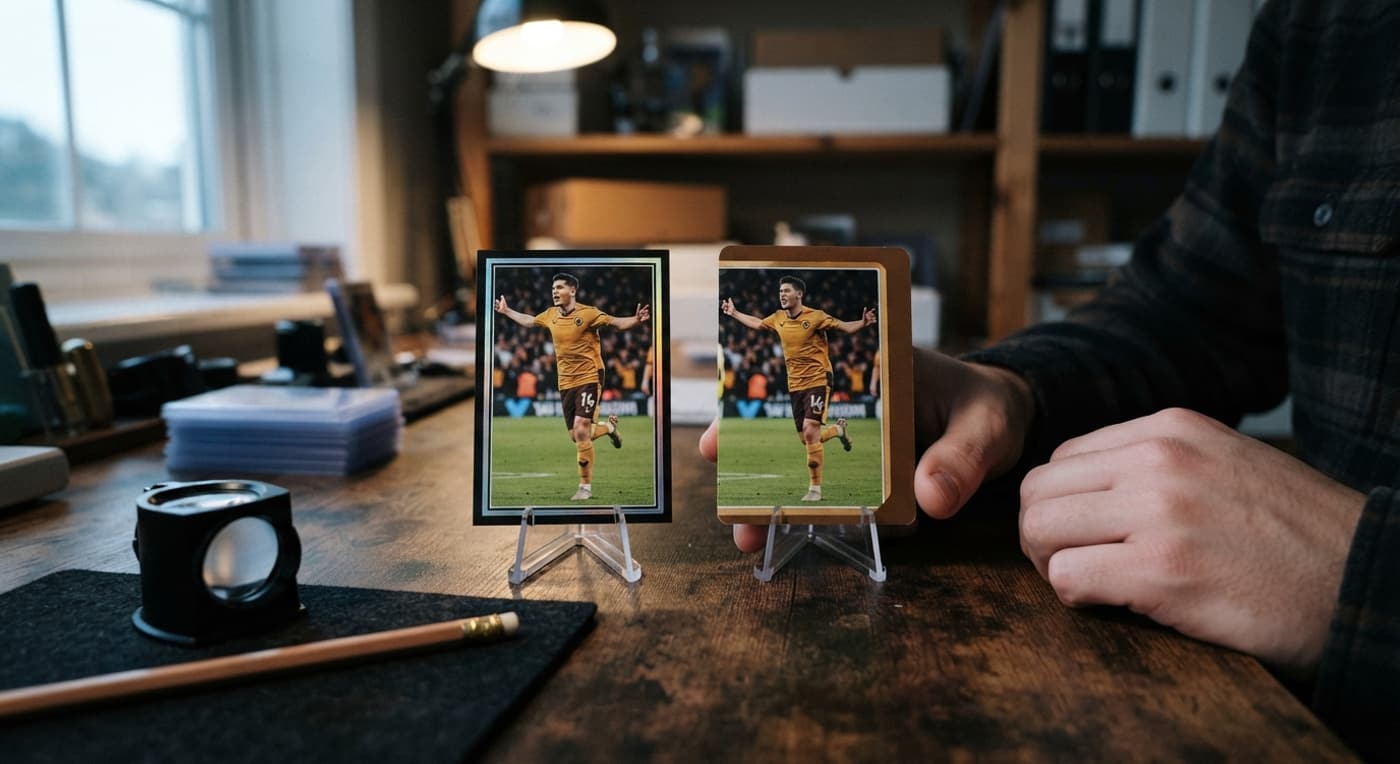 Two football cards upright on a bench, one neatly centred and one with the picture shifted to the side.