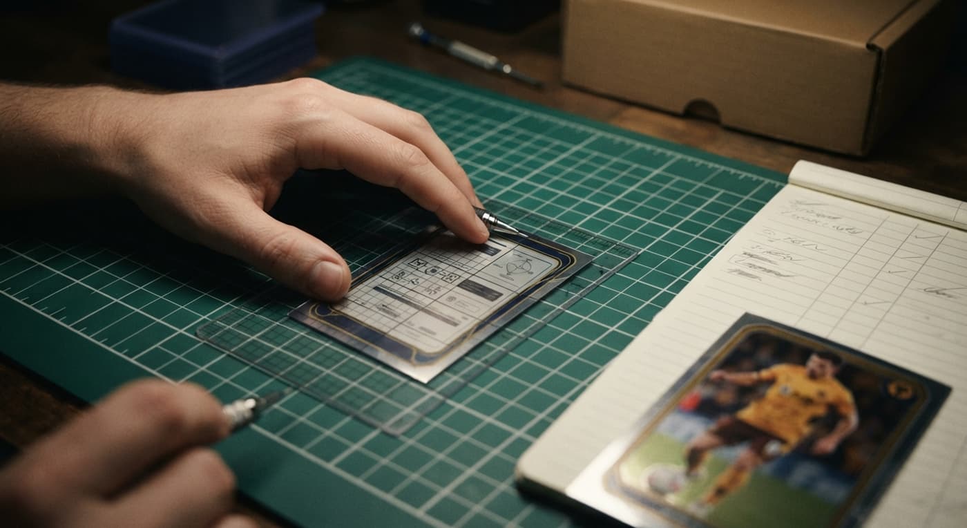 A hand measuring the border on the back of a football card with a clear overlay and pencil on a cutting mat.