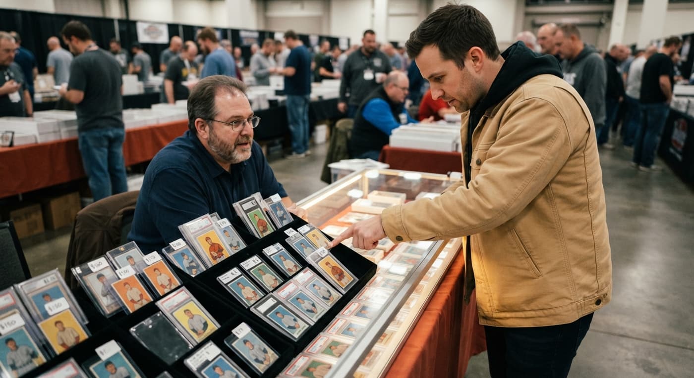 A buyer points at a card in a dealer's glass case at a busy baseball card show.