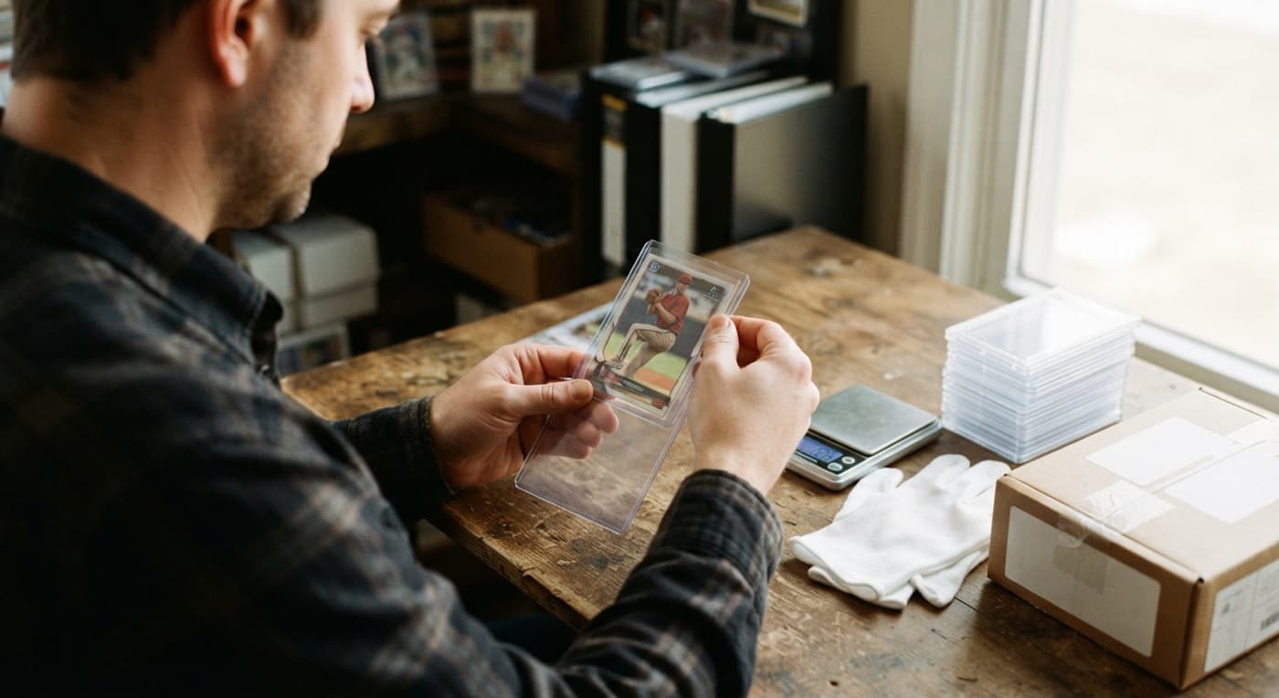A collector slides a baseball card into a holder at a workbench beside empty slabs and gloves.