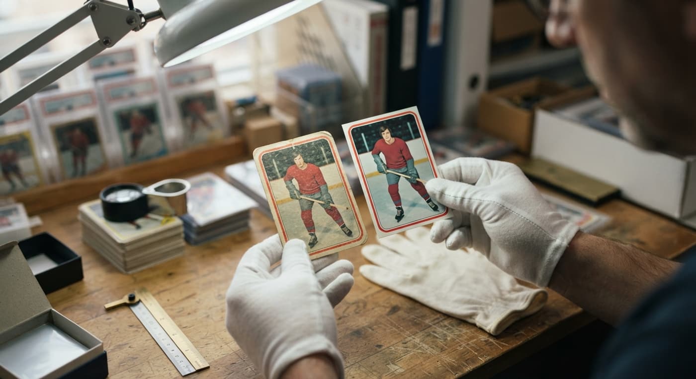 Two hockey cards compared side by side under a lamp, one with a soft corner and one crisp.