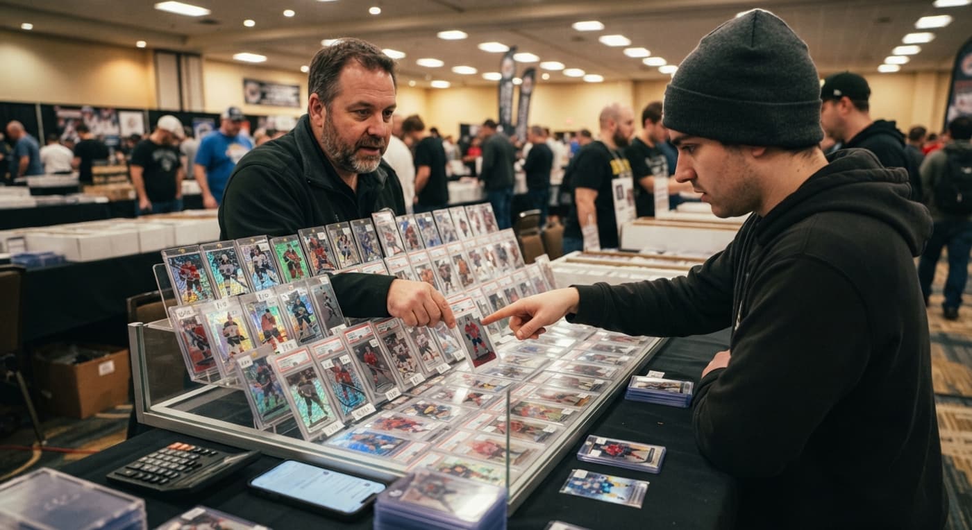 A buyer and a dealer talk over a glass case of graded hockey cards at a busy card show.