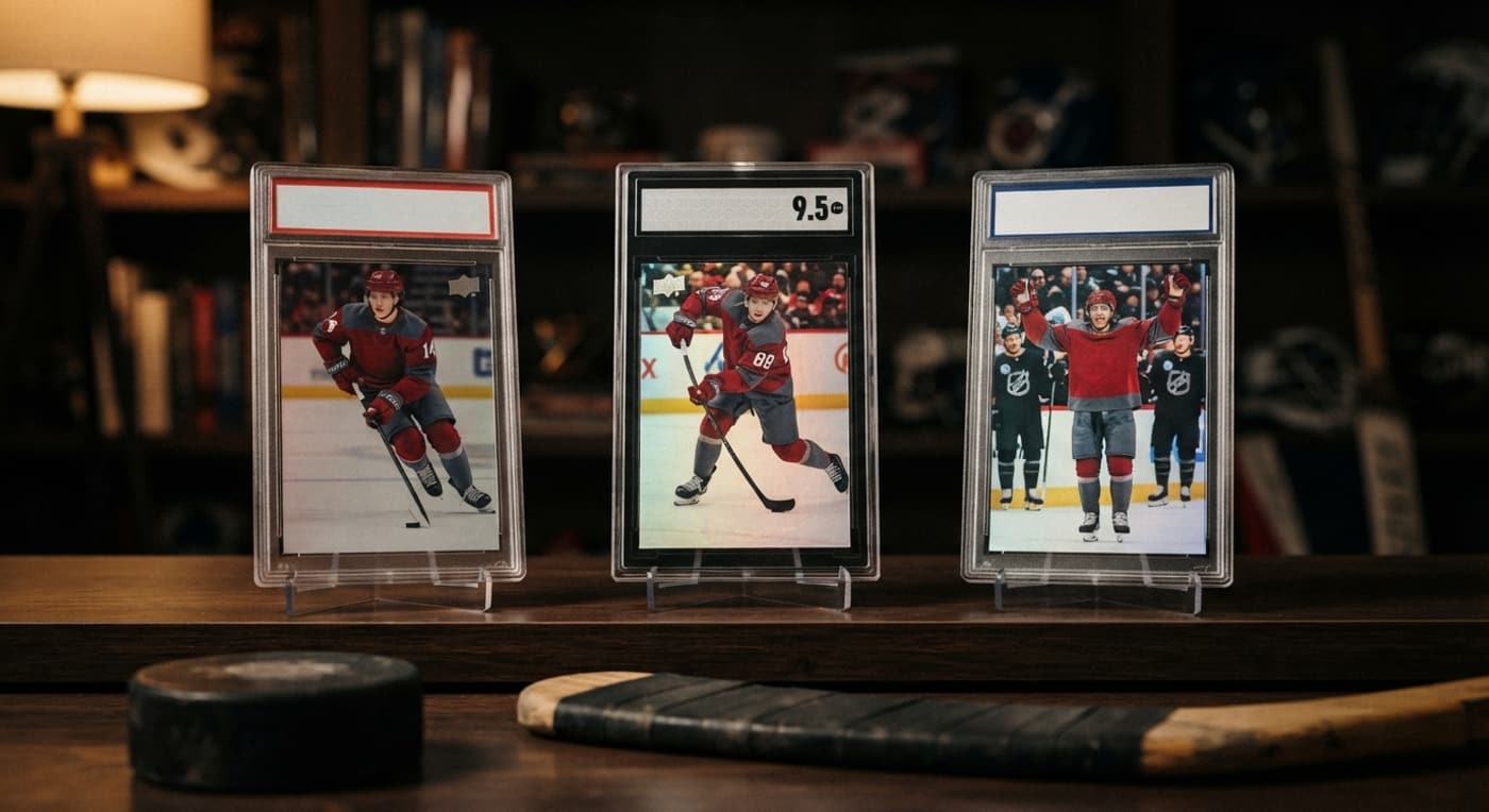 Three graded hockey rookie cards stand on a wooden shelf beside a puck and stick blade.