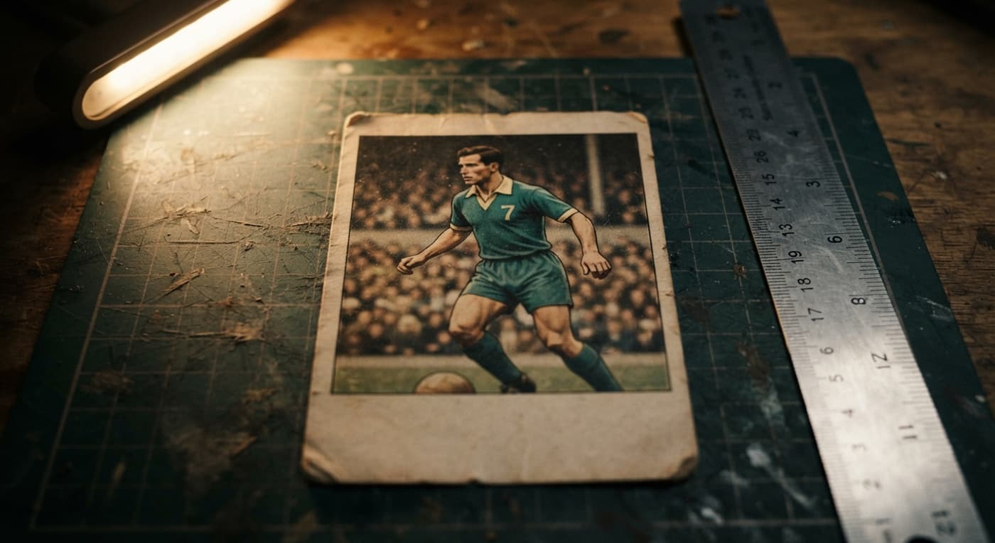 Macro view of an off-centre vintage football card showing soft corners and printing imperfections.