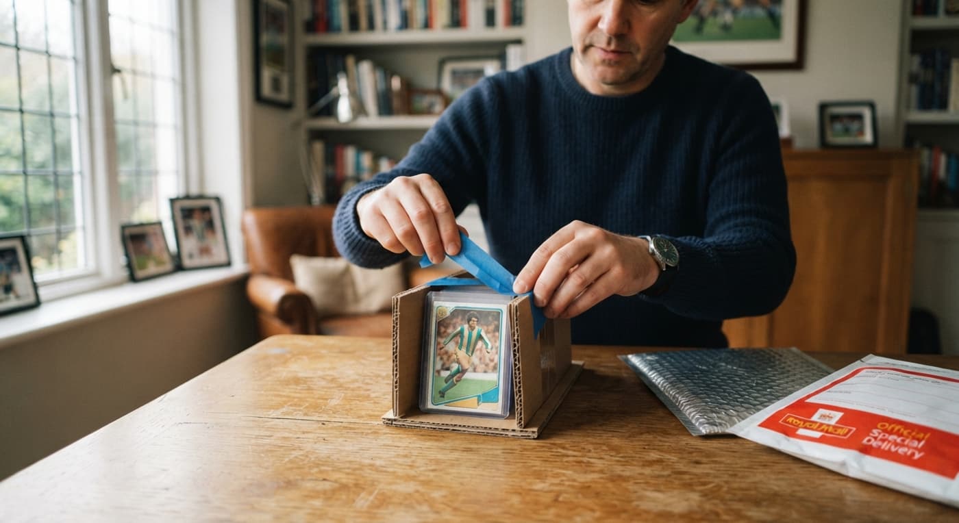 A vintage sports card carefully packed between cardboard protectors next to tracked postal envelopes.