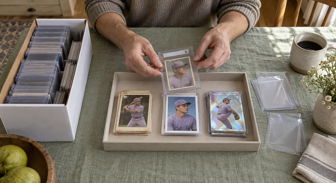 A collector separates protected baseball cards into groups beside a storage box and spare sleeves.