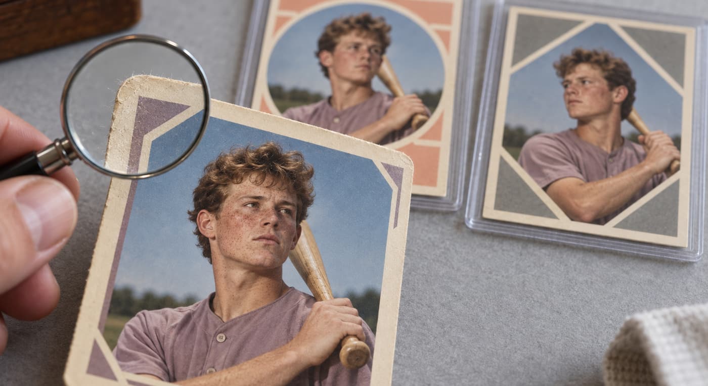 A magnifying glass reveals a worn corner while three baseball card versions are compared.
