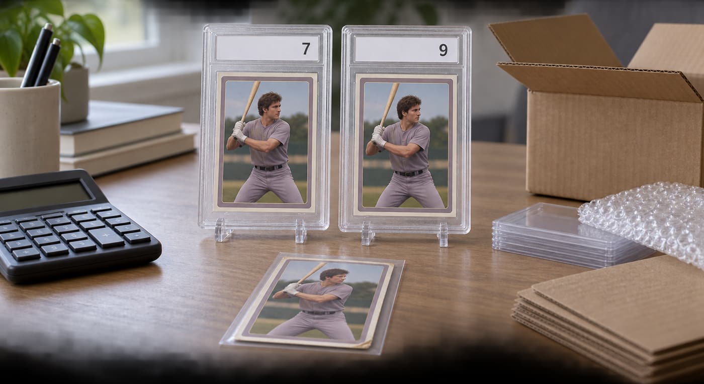 Two graded baseball cards and an ungraded copy sit beside a calculator and shipping supplies.