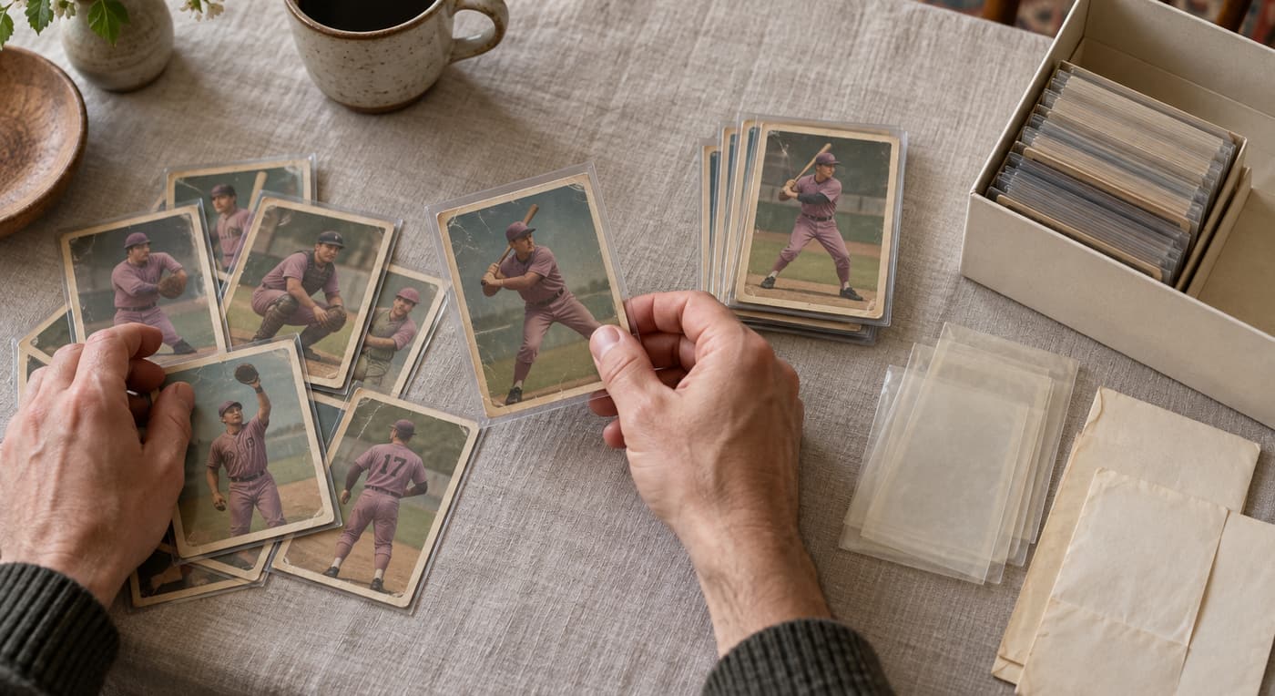 A collector sorts sleeved vintage baseball cards beside an archival box and original packaging.
