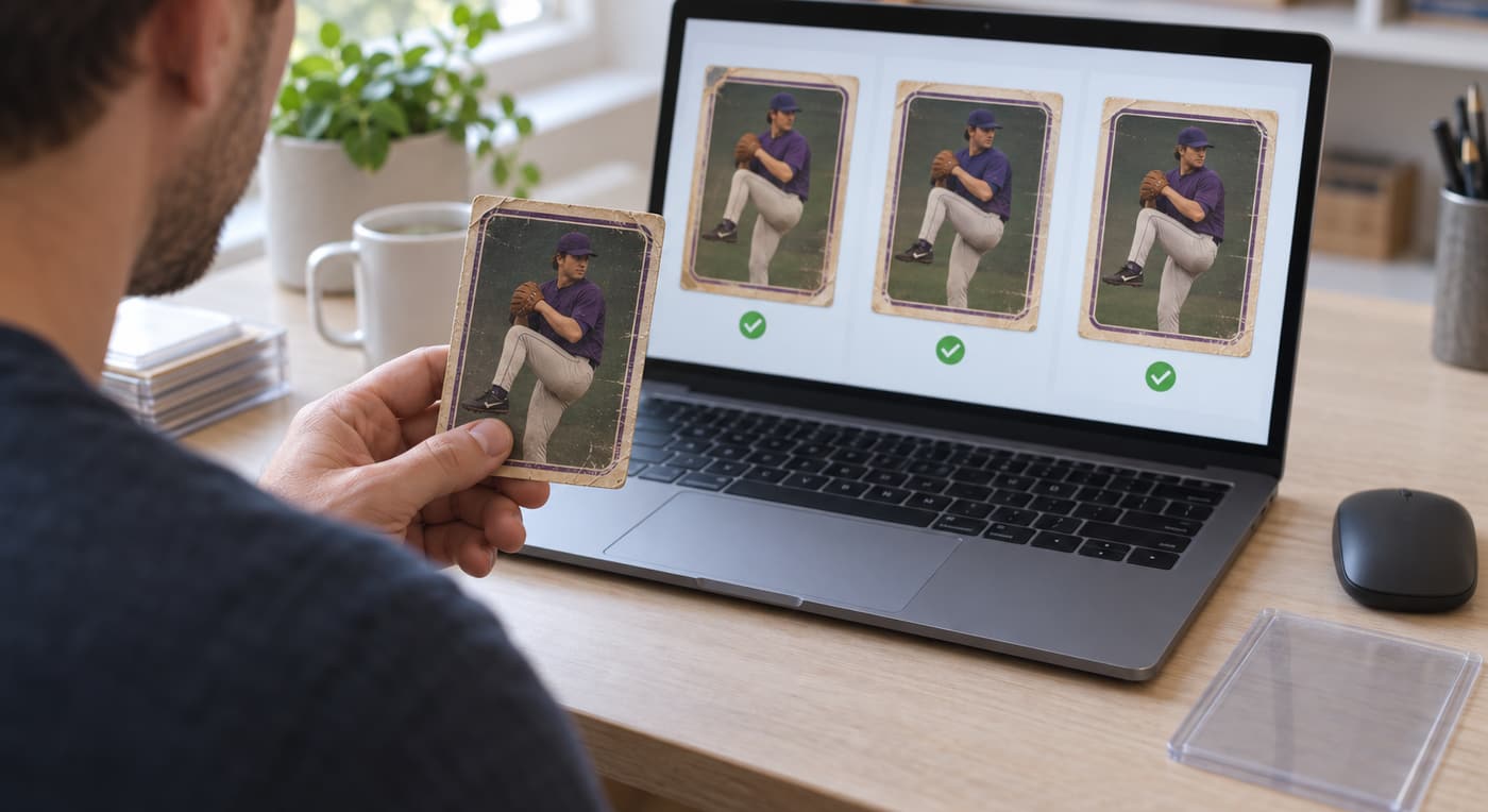 A collector compares a worn baseball card with matching card photographs on a laptop.