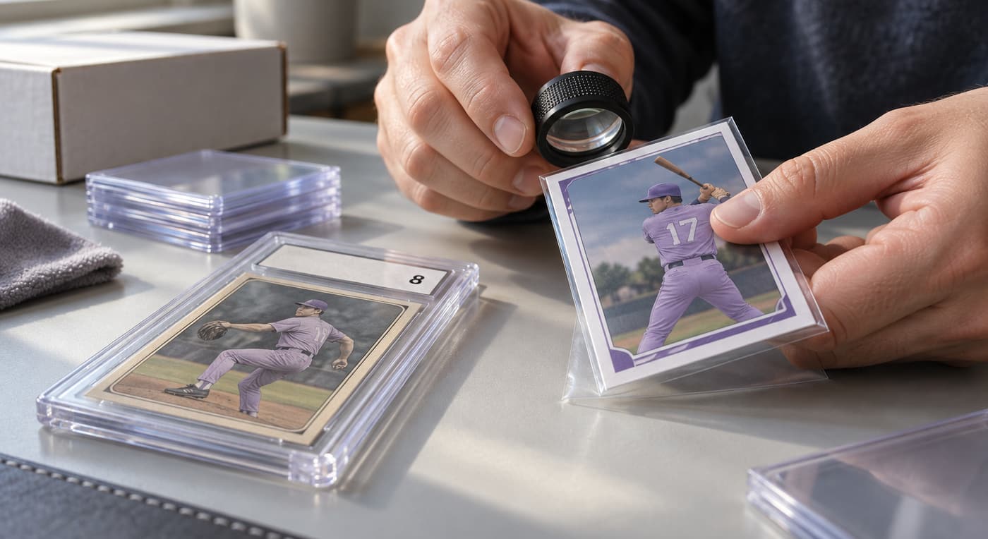 A collector examines a baseball card with a loupe beside a graded card and protective holders.